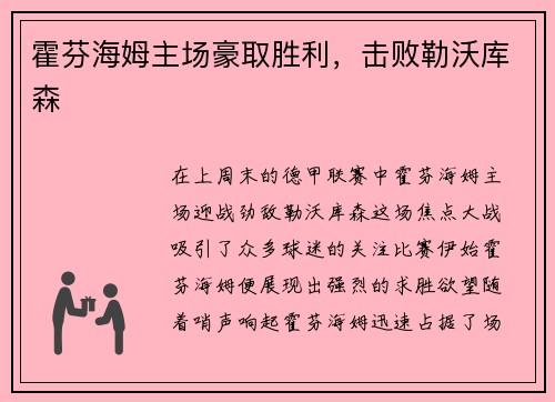 霍芬海姆主场豪取胜利，击败勒沃库森