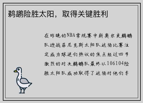 鹈鹕险胜太阳，取得关键胜利